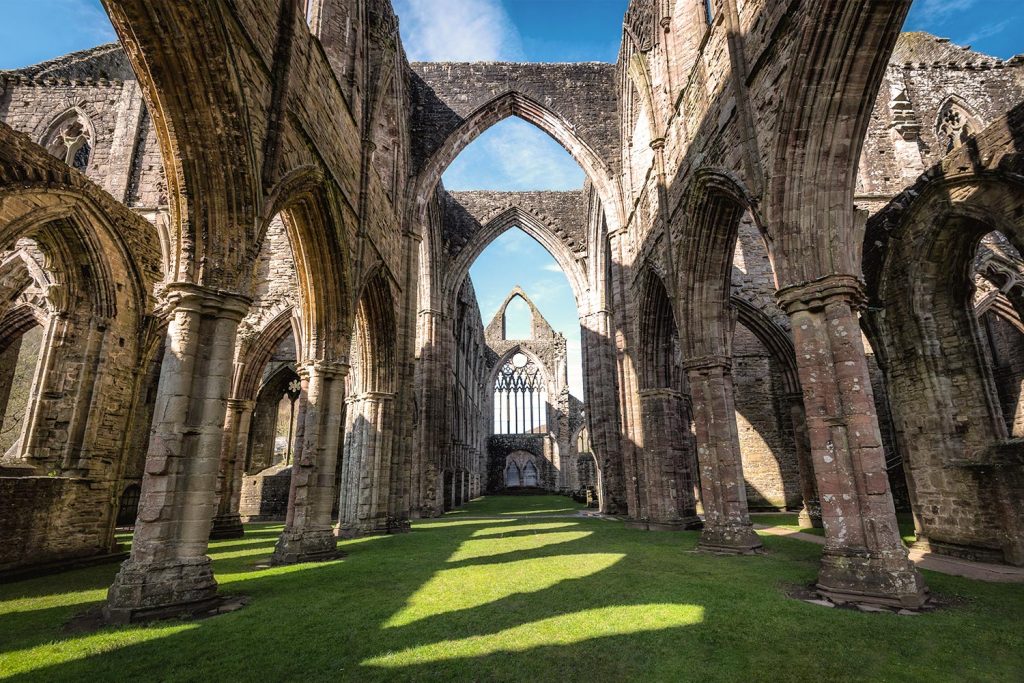 An interior view of the ruins of Tintern Abby built in the 12th century in Wales, the castle capital of the world.