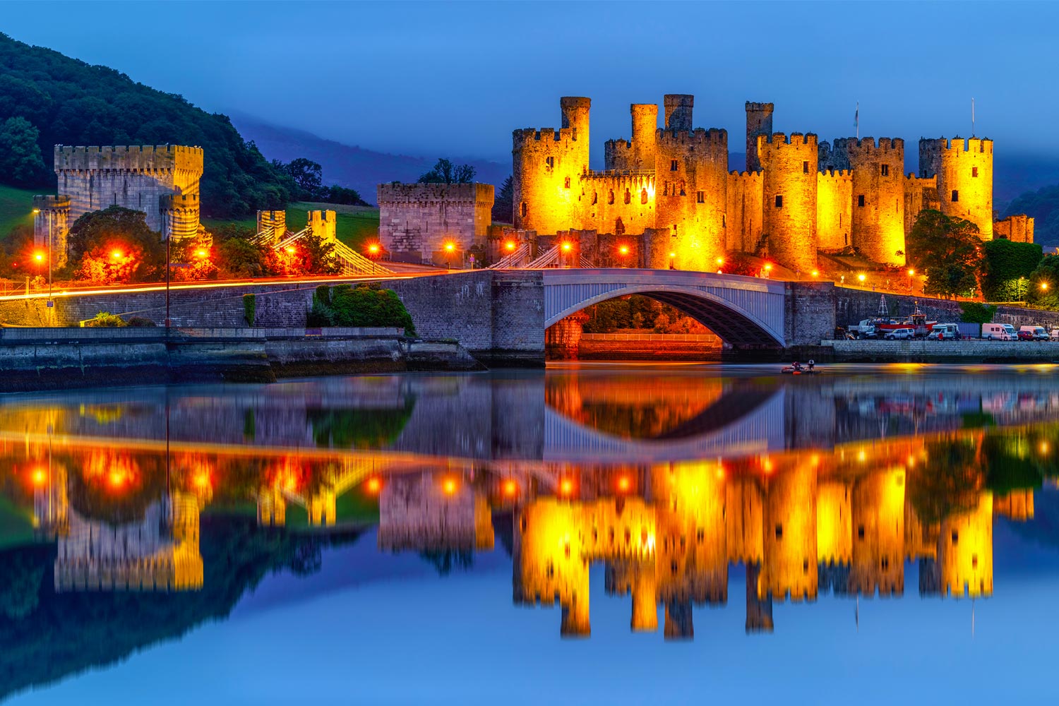Twilight view of Conwy Castle in Wales, the Castle Capital of the world.