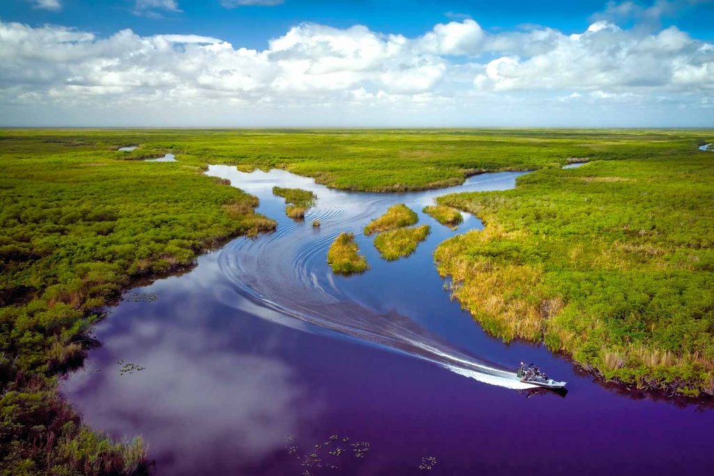 Completely off-the-beaten-path, a fan boat navigates the Florida Everglades.