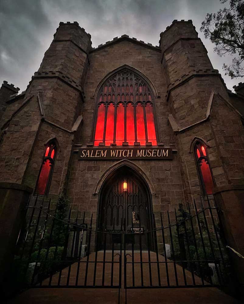 A dramatic view of the Salem Witch Museum in Salem, Massachusetts.