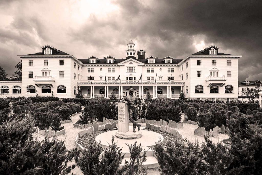 Sinister black and white photo of The Stanley Hotel in Estes Park, Colorado.