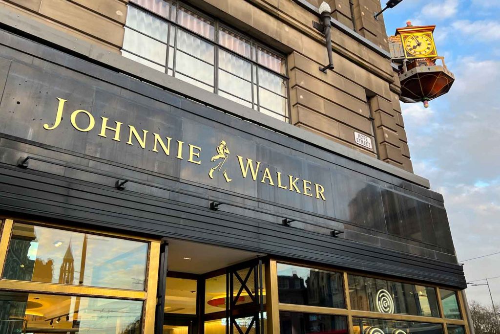 The exterior of The Johnnie Walker Experience historic building in Edinburgh.