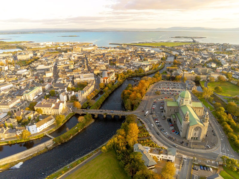 An aerial view of Galway City on the west coast of Ireland.