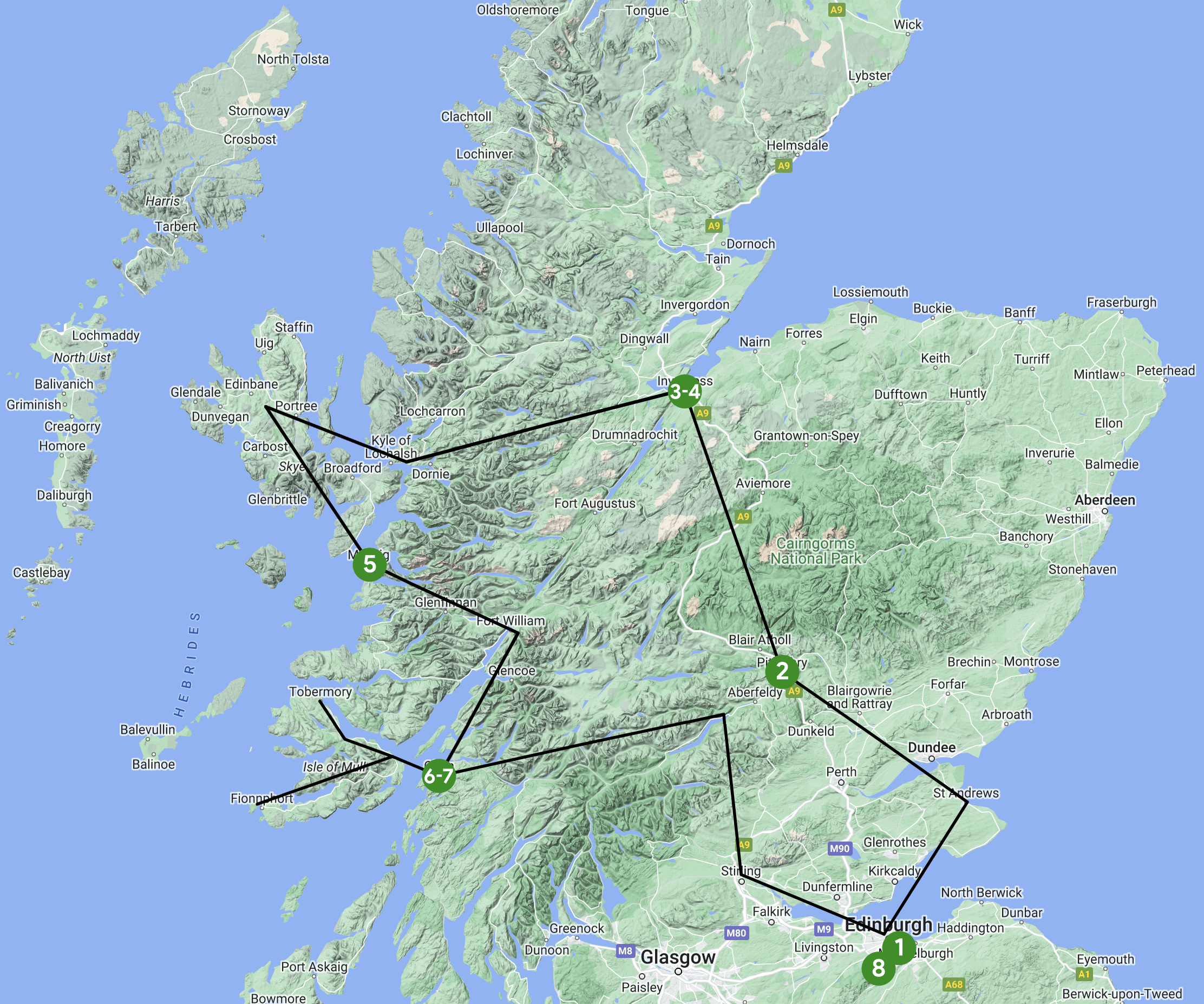 Traveling Soul Tours Scotland 8 Day Tour Map©